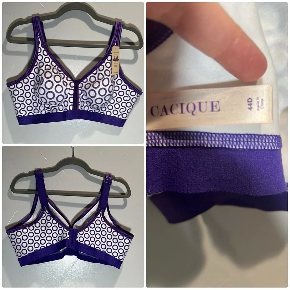 Cacique Cotton Unlined No Wire Purple White Size 44D NWT